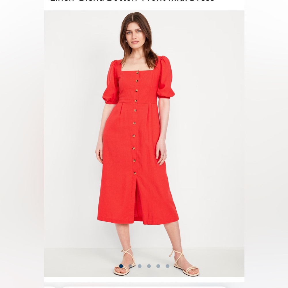 NWT OLD NAVY Linen Red Button-Front Midi Dress with puff sleeves square neckline